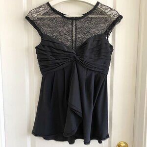 BCBG Max Azria 100% Silk blouse with Delicate Lace Illusion Neckline - Black